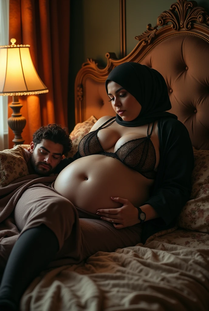 a pair of Indonesian Asian men and women, the position of the man's penis entering the vagina, hijab, beautiful, slim stomach, (Highlights Haircut B Cup: 1.2), medium breasts, round breast shape, perfect breast shape, legs wide open, black hairy vagina, at home