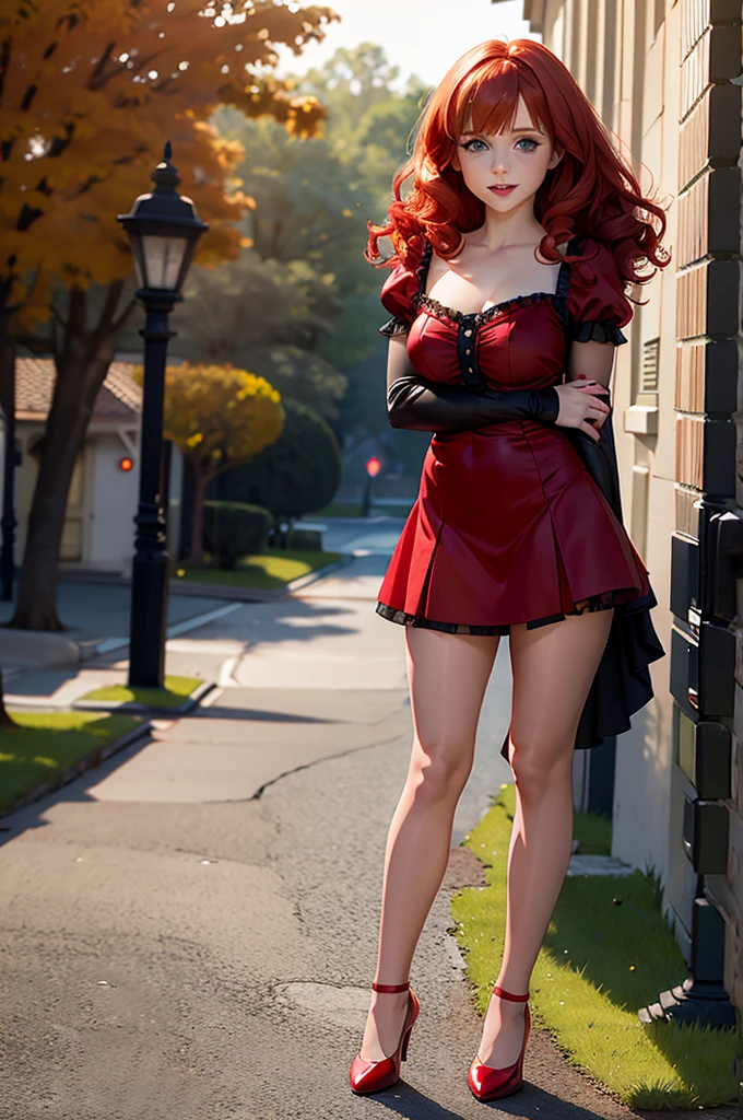Emma Watson, vampire beauty, very curly red hair, very tiny gothic minidress, pantyhose, shoes, gloves, sun shiny day