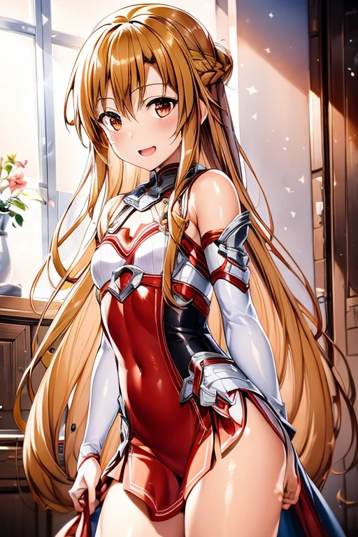 ((Highest quality)), ((masterpiece)), (be familiar with), Perfect Face, indoor, Bedroom, Watching the audience,
One woman, Yuuki Asuna,
Open Mouth, Ecstatic expression, blush, smile,
Small breasts, Flat Chest, , , child, Girl,
Long Hair, Long Hair,
Leg spread,