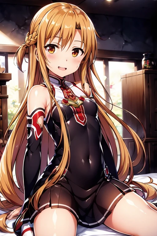 ((Highest quality)), ((masterpiece)), (be familiar with), Perfect Face, indoor, Bedroom, Watching the audience,
One woman, Yuuki Asuna,
Open Mouth, Ecstatic expression, blush, smile,
Small breasts, Flat Chest, , , child, Girl,
Long Hair, Long Hair,
Leg spread,