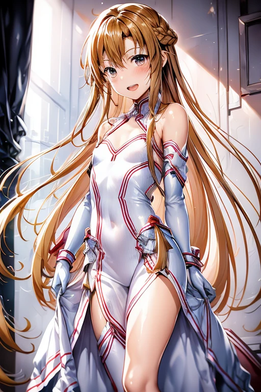 ((Highest quality)), ((masterpiece)), (be familiar with), Perfect Face, indoor, Bedroom, Watching the audience,
One woman, Yuuki Asuna,
Open Mouth, Ecstatic expression, blush, smile,
Small breasts, Flat Chest, , , child, Girl,
Long Hair, Long Hair,
Leg spread,