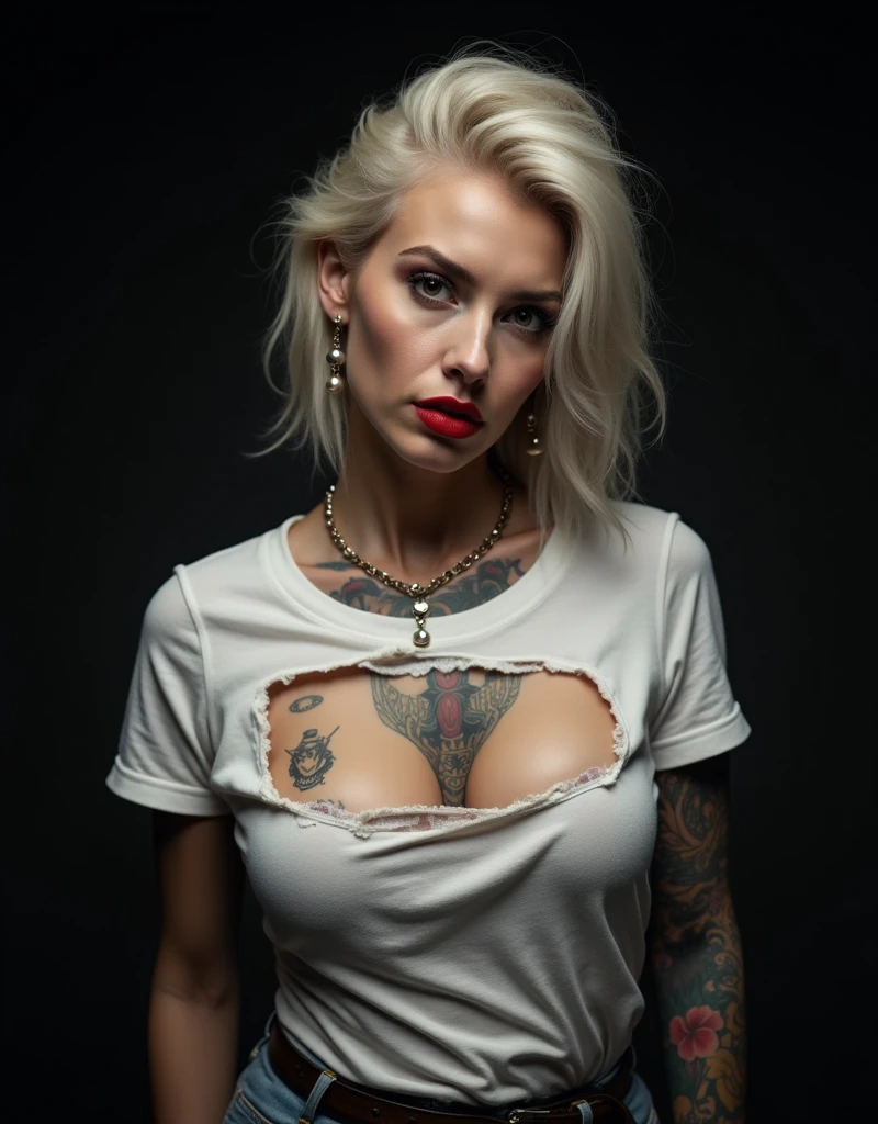(best quality,4k,8k,highres,masterpiece:1.2),ultra-detailed,(realistic,photorealistic,photo-realistic:1.37),medium:oil painting,a gorgeous (((female vampire, Large Breast:2.0, long fangs, sharp teeth, sharp canines,))) sadistic smirk, small smile, tall, statuesque, imposing, towering, toned, slender, slim, wide shoulders, strong deltoids, narrow waist, narrow hips, Naked, Nude, bald pussy, Most beautiful pussy, Large naked breast, fake breast, (biceps, triceps), (((eight pack abs, extremely well defined abs, strong abs, visible muscles))) long eyelashes, make up, perfect eyes, detailed eyes, gorgeous eyes, ((glowing silver eyes)), perfect lips, perfect mouth, (platinum blonde hair), necklace, earrings, bracelets, tattoo on shoulder, tattoo on arm, tattoo on abs, ((at night))