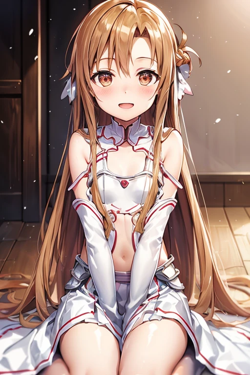 ((Highest quality)), ((masterpiece)), (be familiar with), Perfect Face, indoor, Bedroom, Watching the audience,
One woman, Yuuki Asuna,
Open Mouth, Ecstatic expression, blush, smile,
Small breasts, Flat Chest, , , child, Girl,
Long Hair, Long Hair,
Leg spread,