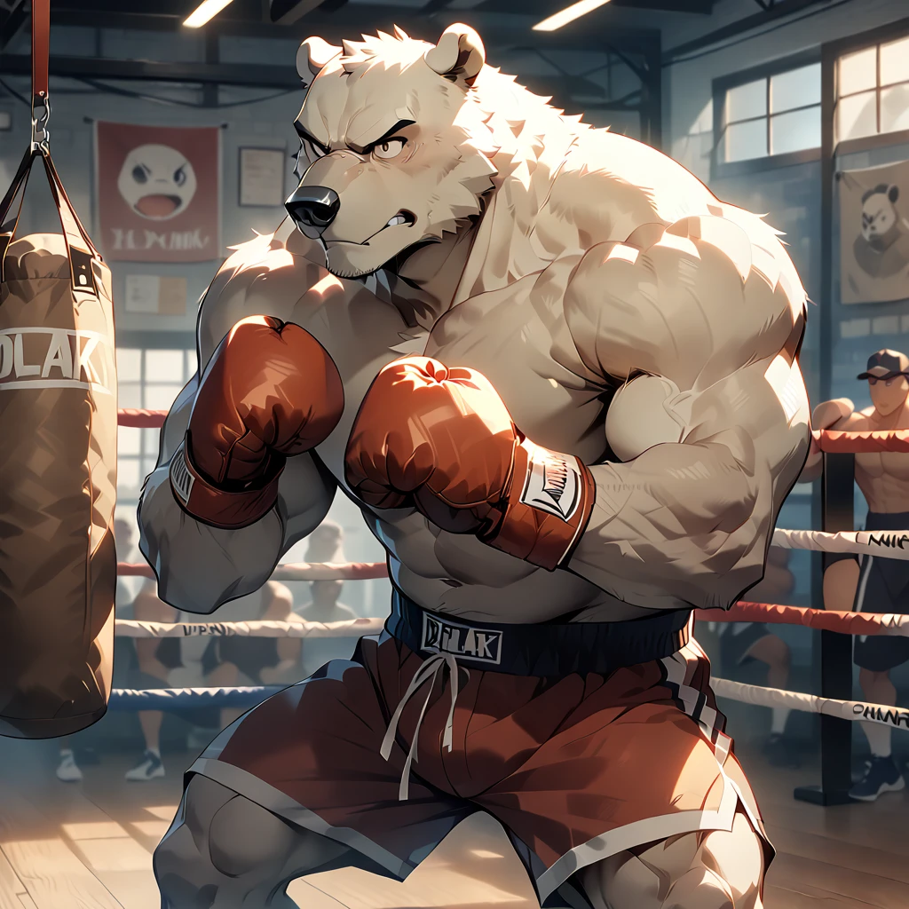 full body, looking away, plump middle-aged polar bear man, boxer, boxing, fighting Pose, punching, sandbag, brown eyes, beautiful beard, male face, big face, square jawline, male eyes, sharp eyes, big eyes, male eyebrows, innocent look, fluffy body, BREAK gym, masterpiece, best quality, very aesthetic, absurdres,