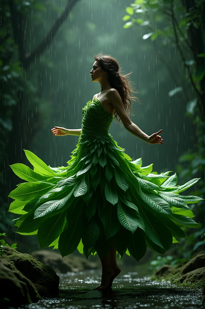 "A graceful, human-like leaf shaped as a queen, swaying gently in a plant pot. The leaf moves in slow motion, its edges flowing like a delicate gown. The midrib forms a crown, while the intricate vein patterns suggest a serene face. The camera follows the leaf's elegant dance, capturing every subtle movement and the full length of its body, as it twirls and bends with a fluid, almost magical rhythm. Soft light illuminates the scene, highlighting the leaf's texture and creating a dreamy, cinematic atmosphere as it dances in its natural throne."