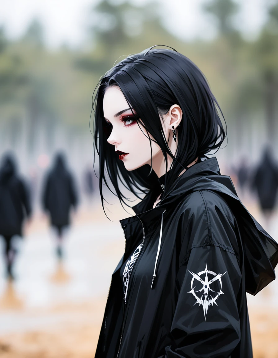 in style of Bradley K. McDevitt half body,1girl，death GOTH style，long windbreaker，grace，Minimalist style，Death style accessories，(foreground blur, depth of field, background blur, dynamic blur:1.4),