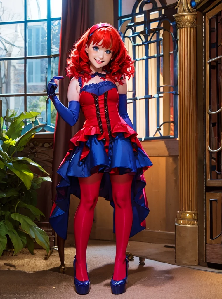 Melissa Rauch, vampire girl, very curly red  hair, tiny gothic minidress, blue pantyhose,     satin elbow gloves,  shoes,  sun shiny day 