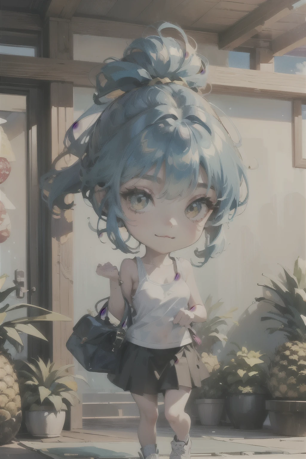 (Masterpiece、Fresh pineapple:1.2)、(Chibi Body、Small face、Light blue hair color, Short chignon hair、Highly detailed eyes、Golden Eyes、Beautiful breast growth、 :3, Ahoge)、(Carefully drawn fingertips、Beautiful human hands、Carefully drawn fingers、gloss々Skin、Slender、Thin thighs、Thin legs)、(chibi gal、Angle from below、A world view and background that suits chibi、Belly-baring tank top、a memory from summer、Hot Spring Trip、bag、sneakers、skirt:1.2)