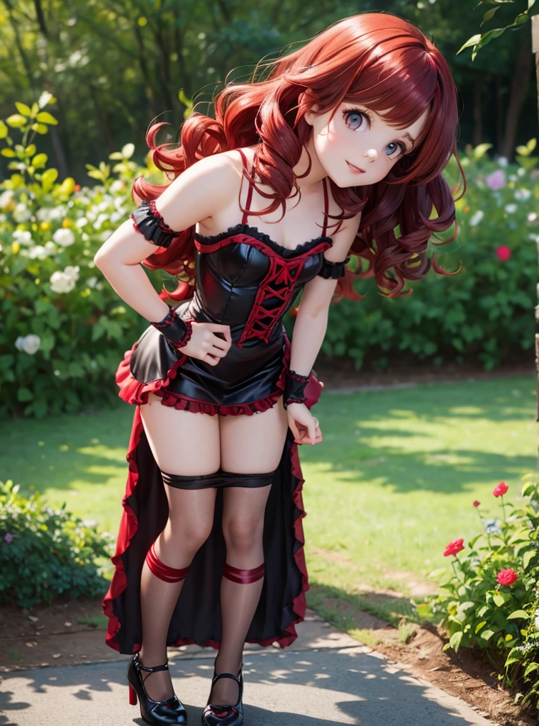 Melissa Rauch, vampire girl, very curly red  hair, tiny gothic minidress,  pantyhose,     satin elbow gloves,  shoes,  sun shiny day 