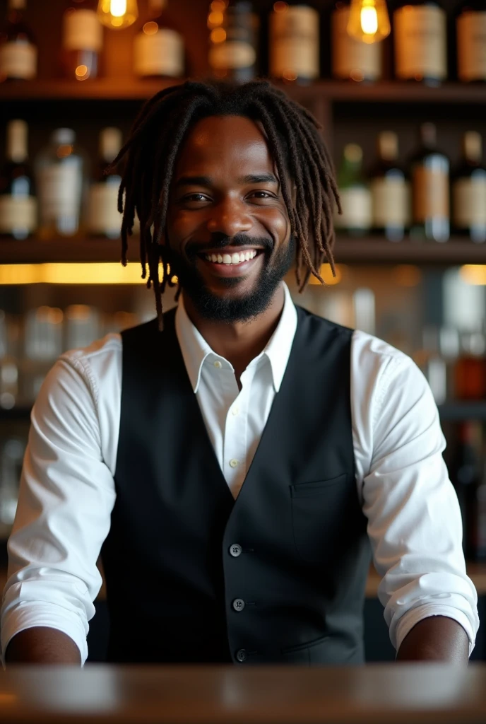 RAW photo, photo of kevhart as one (bartender: 1.2), white shirt, black apron, 8k uhd, dslr, high quality, grain film, Fujifilm XT3