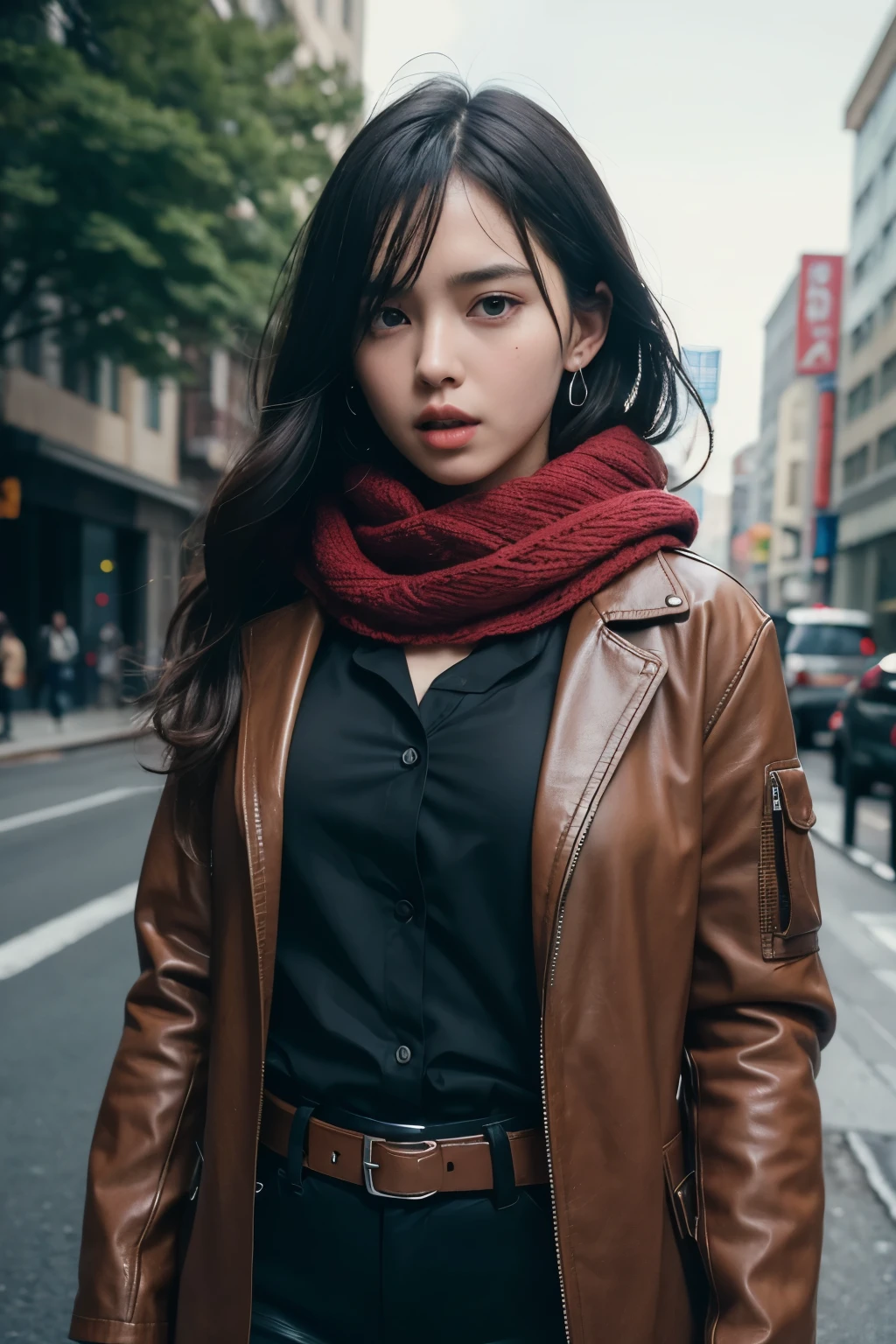 Gray sweater,Extra-long hair,Burgundy leather coat,Bus