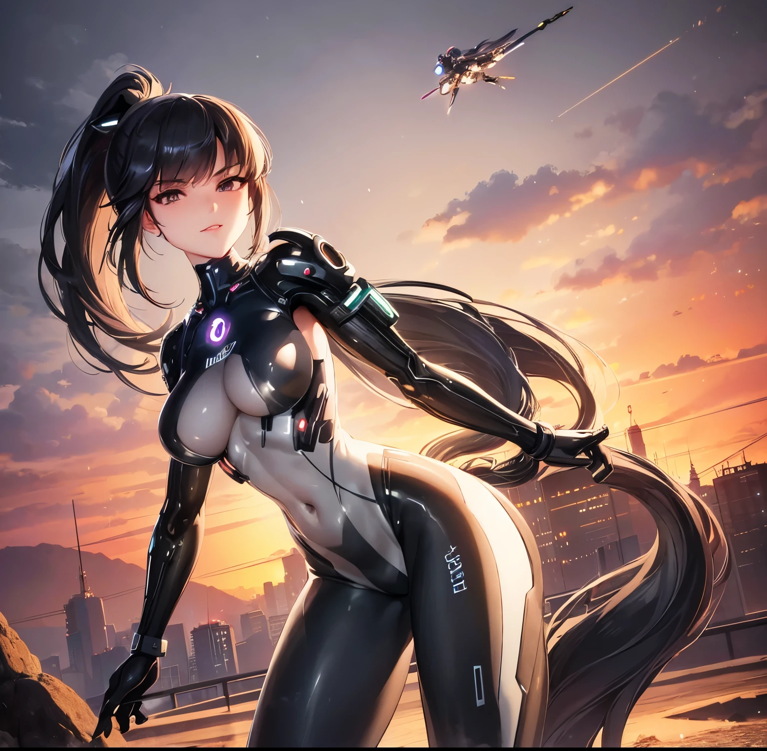 ((1girl)),((alone)),Eve, \(Stellar Blade\),(masterpiece), (best quality), (ultra detailed), (best illustration), (best shadow), (absurdities), sharp focus, cowboy shot, atmospheric perspective, depth of field, dynamic posture, ((looking at viewer)), large breasts, narrow waist, wide hips, wide thighs, round butt, erotic, romantic, (highly detailed eyes, lips 1.1), very detailed eyes, eyes, Very detailed face, Very beautiful face, Symmetrical face, Aesthetic face, perfect face, perfect eyes, detailed eyelashes: 1.5), full height, beautiful slim figure, femininity, expressive appearance, elastic big breasts , sexuality, lips parted, ,((black hair:1.4)),long hair,((ponytail:1.4)),((black eyes:1.4)),((Asian features:1.3)),there is a woman in a latex suit holding a gun, eve, star sword, mechanized soldier girl, perfect android girl, m4 sopmod ii girls on the frontline, girl in mecha cybernetic armor, character art in 3d 8k render, gynoid cyborg body, armor girl, cyberpunk 2 0 and. or model girl, android heroine, curves, defined body, perfect and beautiful body, perfect and beautiful, stoic expression, closed mouth, ((serious smile)), blushing, (sexy pose: 1.2), ((solo)), standing : 1.3,((exterior, futuristic cyberpunk landscape, night, streets, city, rainy landscape, neon lights, city lights)), Looking forward, ((focus on hips)), point of view :(from below), perfect anatomy, perfect hands