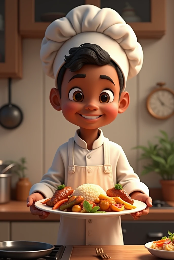 A cute baby boy with pacifiers, strong muscles, red turbans on his head, standing in front of a roaring stove, pot spatula in his right hand, tossing a pot in his left hand, stir-frying diced chicken with spicy seeds