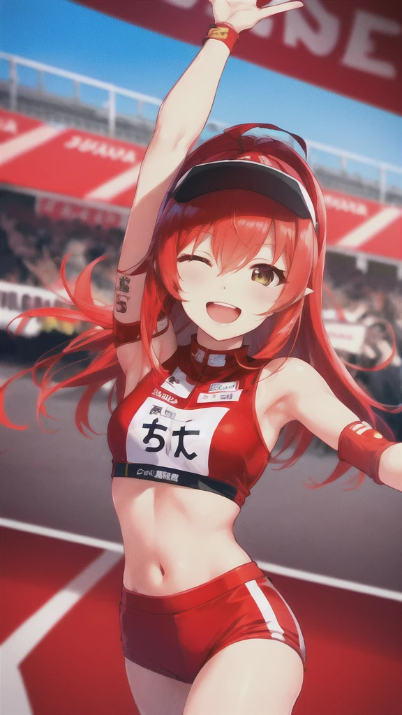 ((Tabletop, Highest quality, High resolution, Hmph, Pixel perfect, Depth of written boundary, 4K, )), One Girl, alone, , Beautiful Anime Girls, Beautiful art style, close, View your viewers, Perfect body, Yuigahama Yui, short hair, Single hair bun, Pink Hair, (Large Breasts), Apply blush all over the face, smile, Thighs Thighs Thighs Thighs, Race Queen, White Background, Take the lead, Raise the checkered flag, Cowboy Shot, concentrated,