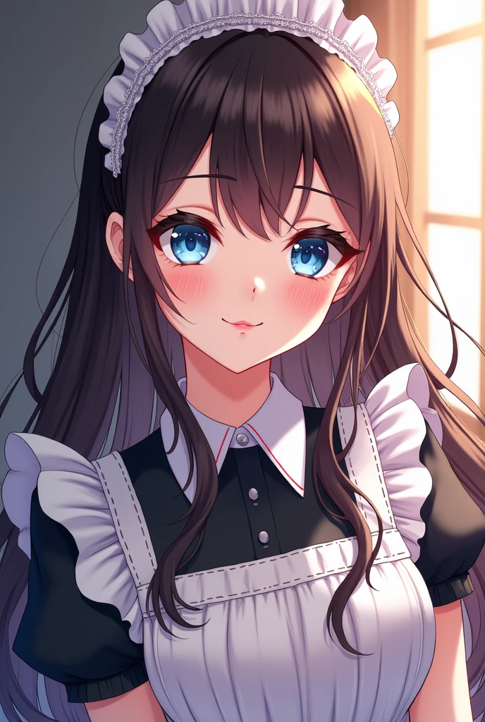 masterpiece, best quality,1girl, solo,whtie hair,medium hair,blue eyes,long sleeves,juliet sleeves,apron,maid,maid headdress,puffy sleeves,green dress,vest,buttons, white thighhighs,standing, looking at viewer, nose blush, (holding mop:1.2), (from below:1.3),