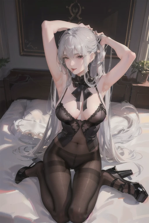 (((2 girls))),ray tracing, (dim light), [realistic] ((detailedbackground(bedroom))),(((silver hair)), (((A long disheveled silver-haired, busty yet slender girls with a high ponytail))) are  in the ominous bedroom, averting their blonde eyes, ((and the girls wear intricate embroidered blackhighslitcheongsams with pantyhose and whitefurtrimelbowgloves)), as the girls sitting in quite intimate contact each other to show off their delicate svelte figures and lissome curvaceous beauties,correct limbs