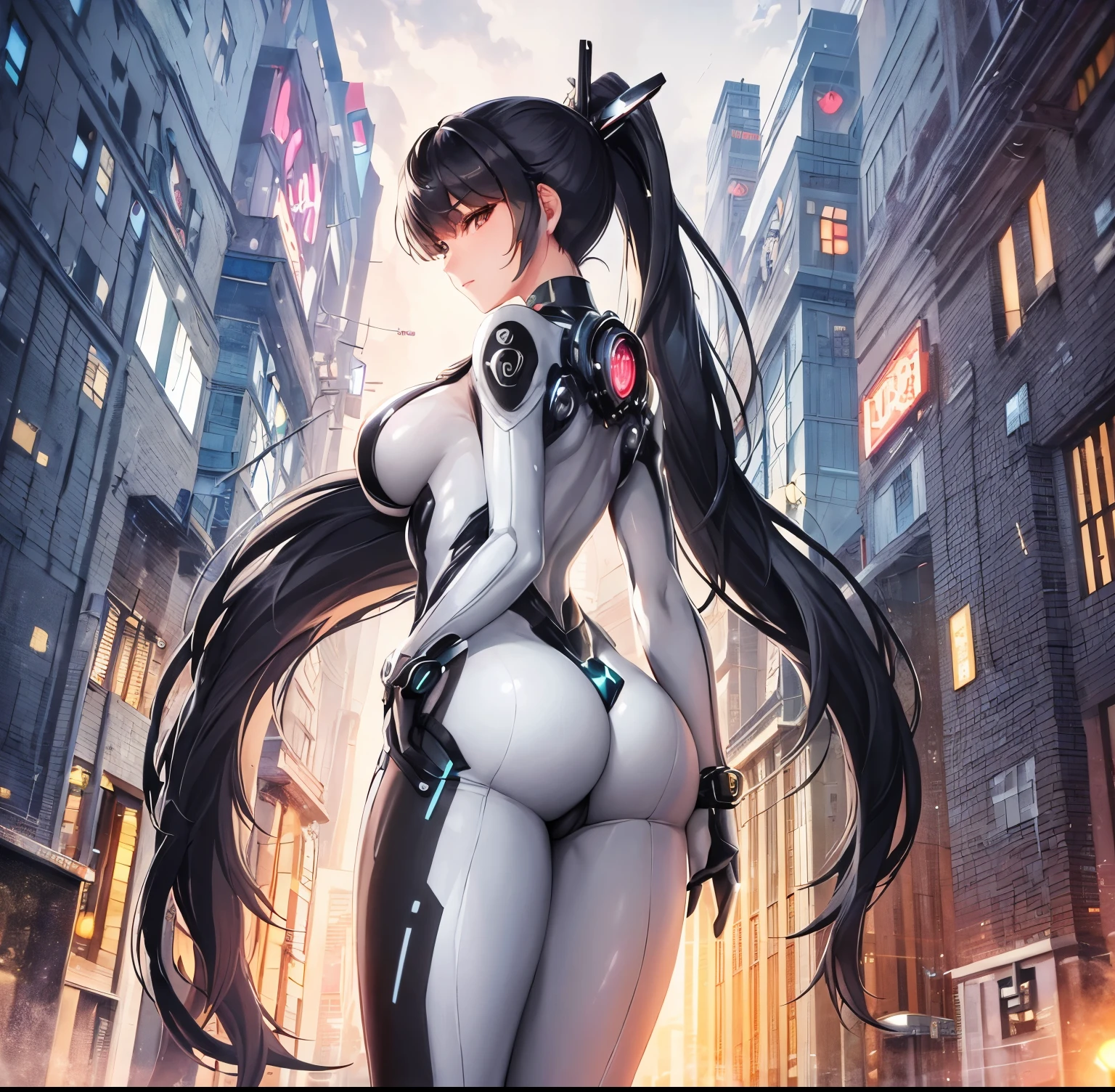 ((1girl)),((alone)),Eve, \(Stellar Blade\),(masterpiece), (best quality), (ultra detailed), (best illustration), (best shadow), (absurdities), sharp focus, cowboy shot, atmospheric perspective, depth of field, dynamic posture, ((looking at viewer)), large breasts, narrow waist, wide hips, wide thighs, round butt, erotic, romantic, (highly detailed eyes, lips 1.1), very detailed eyes, eyes, Very detailed face, Very beautiful face, Symmetrical face, Aesthetic face, perfect face, perfect eyes, detailed eyelashes: 1.5), full height, beautiful slim figure, femininity, expressive appearance, elastic big breasts , sexuality, lips parted, ,((black hair:1.4)),long hair,((ponytail:1.4)),((black eyes:1.4)),((Asian features:1.3)),there is a woman in a latex suit holding a gun, eve, star sword, mechanized soldier girl, perfect android girl, m4 sopmod ii girls on the frontline, girl in mecha cybernetic armor, character art in 3d 8k render, gynoid cyborg body, armor girl, cyberpunk 2 0 and. or model girl, android heroine, curves, defined body, perfect and beautiful body, perfect and beautiful, stoic expression, closed mouth, ((serious smile)), blushing, (sexy pose: 1.2), ((solo)), standing : 1.3,((exterior, futuristic cyberpunk landscape, night, streets, city, rainy landscape, neon lights, city lights)), Looking back, from behind, ((focus on the butt)), point of view : (from below), perfect anatomy, perfect hands