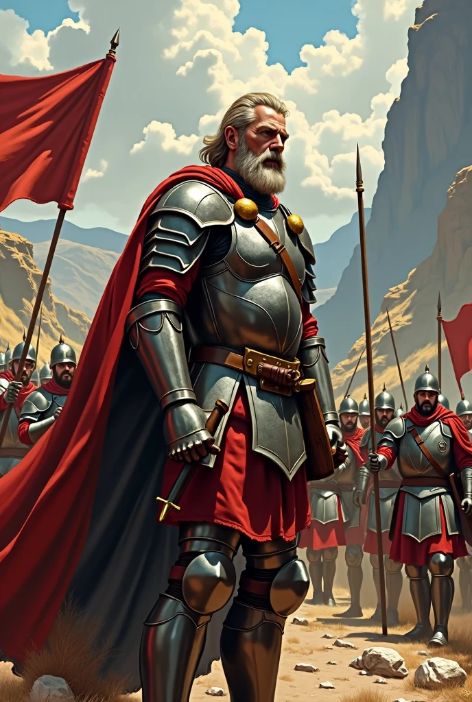 Julius Caesar crossing a miserable city in the Alps, com seus soldados ao redor, enquanto ele proclama 'Prefiro ser o primeiro aqui do que o segundo em Roma'."