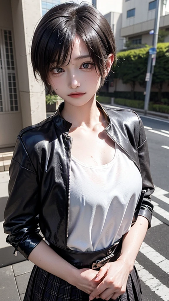 (masutepiece:1. 0), (Best Quality:1. 4), (超A high resolution:1. 2), (Photorealistic:1. 4), (8K, Raw photo:1. 2), (Soft Focus:1. 4), 1 woman, (Sharp Focus:1. 4), (Japanese:1. 2), (American:1. 1), Detailed beautiful face, Black hair, (Detailed leather jacket and leather pants:1. 4), Beautiful white shiny moist skin, Smiling
