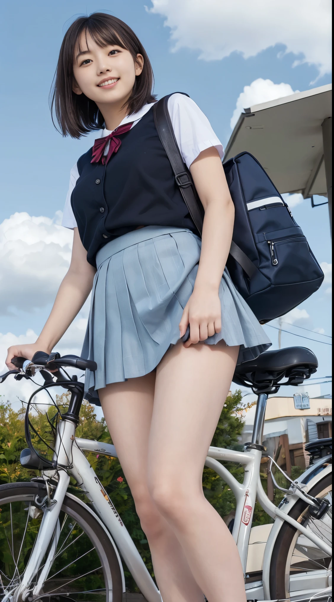 (Straddling the bicycle saddle、Japanese high school girl waiting at a traffic light)、(((White shirt without sleeves)))、Hands on the wheel, looking ahead、Her bra is visible from the cuffs of her short sleeves、((Light blue checkered mini pleated skirt))、Dark brown bob hair、Medium Hair、Straight hair、smile、Stretching his legs out on the curb、Her long, slender legs are beautiful、Well-proportioned physique,Spread your legs、Wear loafers、A gentle breeze blows and flips my skirt、((I can see your cotton panties.))、Back view at the intersection、(((Angle from below)))、Beautiful blue sky and white clouds、(Highest quality, masterpiece, High resolution)、8k、wallpaper、Her short skirt is rolled up, exposing her panties、Full body portrait