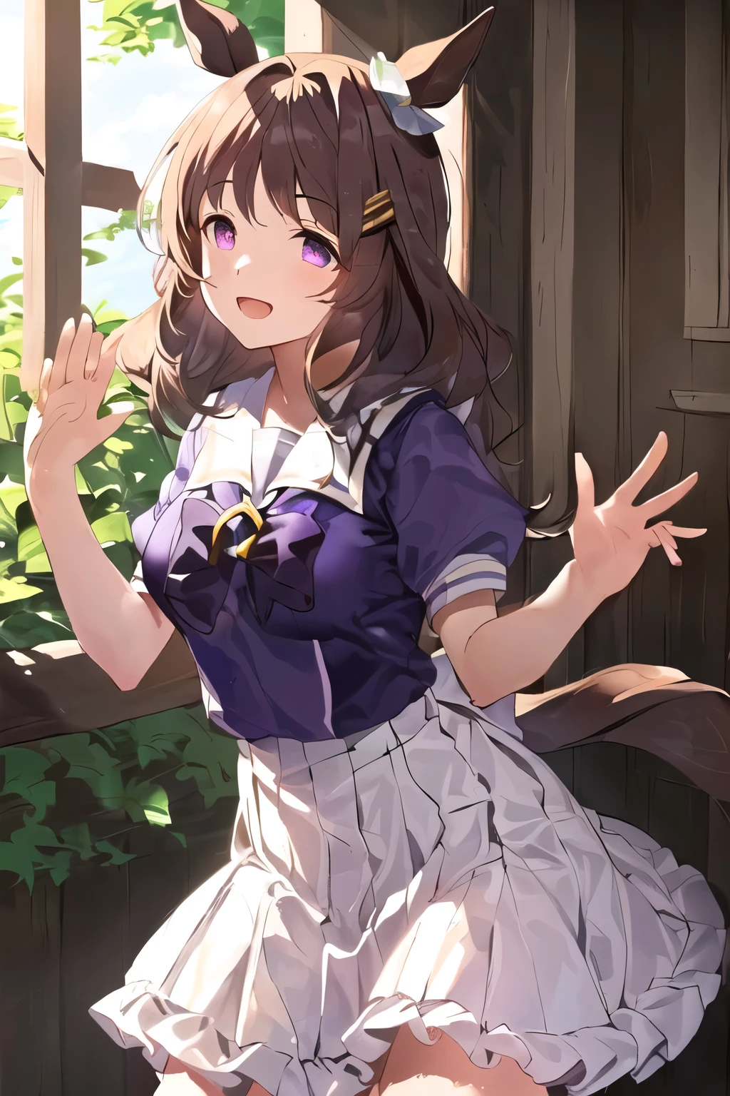 Long Wavy Hair, hair accessory, Purple and white sailor suit, Pleated skirt, cuff, Playful pose, Are standing, Raised hand with fingers spread, outdoor setting, wooden building, Green leaves, Soft natural light, Light from the left, Gentle shadows, fresh and lively atmosphere, Front view, Well-balanced exposure, Still motion, Horse&#39;s ears, Horse tail, Pink eyes.