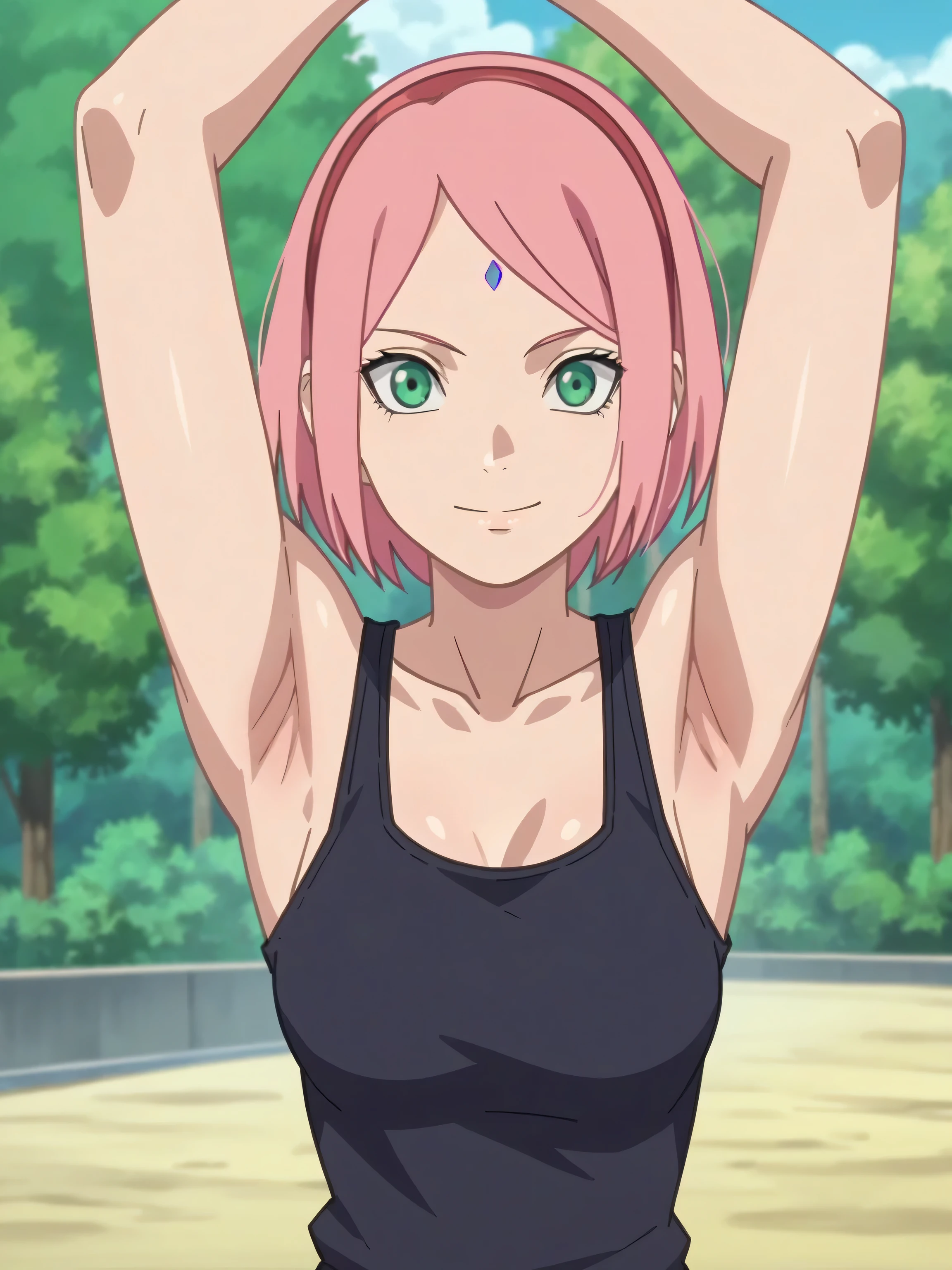 score_9, score_8_up, score_7_up, source_anime, anime screencap, 1girl, solo, outdoors, day, haruno sakura, pink hair, short hair, green eyes, forehead mark, hairband, tank top, black tank top, collarbone, medium breasts, bare shoulders, bare arms, looking at viewer, eye contact with viewer, facing viewer, smile, closed mouth, arms up, raised arms, armpits, mature female