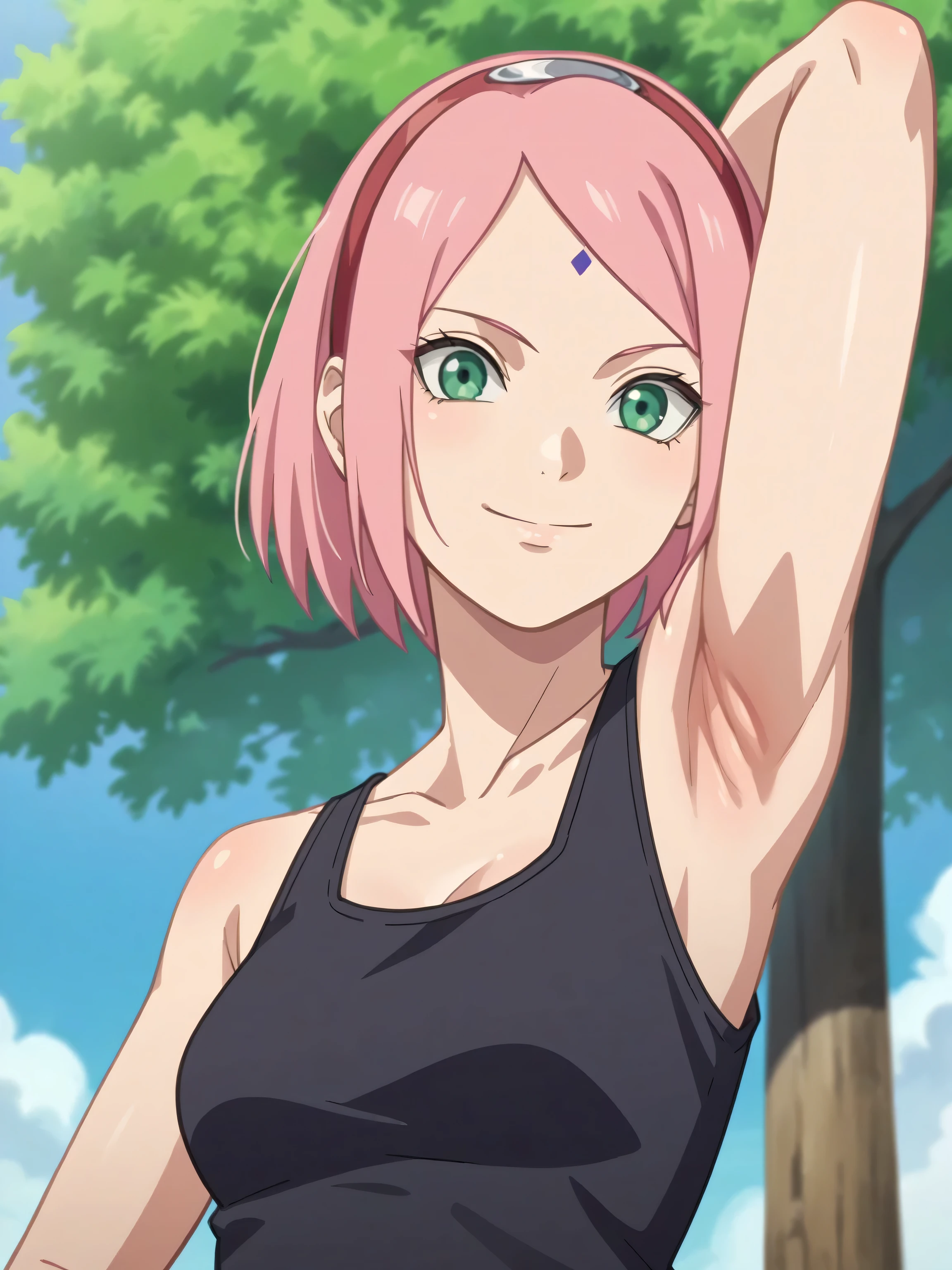 score_9, score_8_up, score_7_up, source_anime, anime screencap, 1girl, solo, outdoors, day, haruno sakura, pink hair, short hair, green eyes, forehead mark, hairband, tank top, black tank top, collarbone, medium breasts, bare shoulders, bare arms, looking at viewer, eye contact with viewer, head towards viewer, smile, closed mouth, arm behind head, armpit, mature female, from side, from below, 