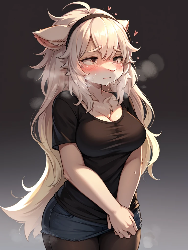 woman with dark skin,long white hair and cat ears with huge sweaty  hanging out
