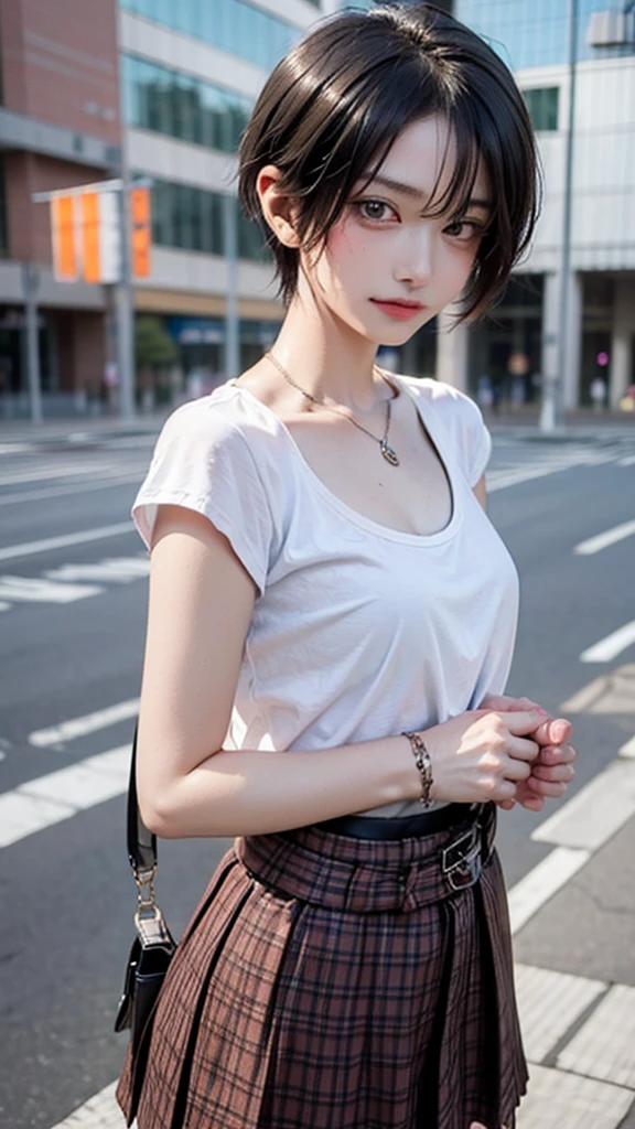 best qualtiy, 超高分辨率, (realisticlying:1.4),1 girl ,Focus:1.2, Bigchest:1.6,brassier:1.4,perfect figure beautiful woman:1.4 , pelo rojo corto,(Streets of Tokyo:1.3), Highly detailed facial and skin texture, head straight-looking at viewer,A detailed eye, 二重まぶた,Red lips,eye shadows,Whiten skin,(Air bangs:1.3),,(White thin suspenders:1.4)