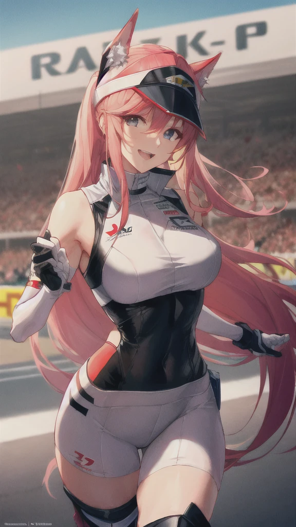 (best quality,highres),Tess Darret,Pole Position,holding a race helmet in hands,standing inside of her race car,smiling,anime style,bright colors,dynamic lighting,shiny finish,energetic pose,attention to detail,sparkling eyes,long flowing hair,wearing a racing suit,checkered flag pattern on the car,exciting atmosphere,vivid expressions
