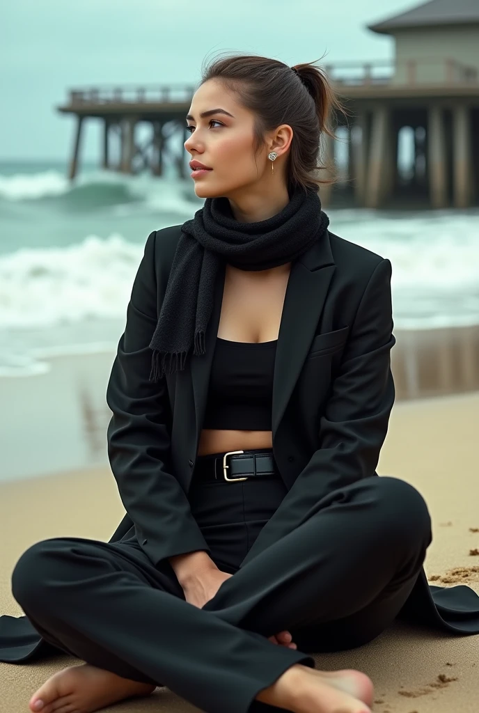 Black headscarf on the beach, black trench coat , white long sleeve t shirt, barefoot, sexy and skinny woman. Man lying on his stomach in front of woman. Woman puts her foot on the front of man's sweatpants.