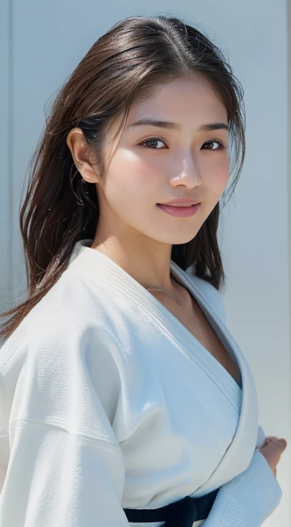 Japanese Beauty、Olympic Gold Medalist((Highest quality, 8k, masterpiece: 1.3)), Sharp focus: 1.2, Beautiful woman with muscular body: 1.4, Tall Woman, Hang your arms, Slim abdomen: 1.2, ((big: 1.2)), Wet body: 1.1, Very detailed face and skin texture, Detailed eyes, double eyelid, Sunburned skin, Sunburned, Sweaty skin, One girl, Black Hair Rob, Layered Hair, Long and cute hairstyle, Intricate details, Cinematic feel, 8k, Very detailed, (Realistic, photoRealistic: 1.37), Very detailed, Highest quality, Realistic, Very delicate and beautiful, RAW Photos, (((Professional Lighting)), Facial lighting, Depth of written boundary, Single Focus, (judo)), ((wearing judogi)), オリンピックで着るjudo着, (wearing the official judo uniform), ((Long sleeve)), (Wearing a T-shirt)), (Muscular and healthy), Small Head, (((Beautiful Eyes)), Real Face, Realistic face, True Face, Beautiful Eyes, (Fashionable hairstyles: 1.3), Audience, (Cool Japan Women)), intellectual, Sports, (smile: 1.15), (Mouth closed), Fine and Beautiful Eyes, (dojo: 1.3), judo athlete, Healthy Body, Dark Skin、Olympic Gold Medalist、Gold medal around his neck
