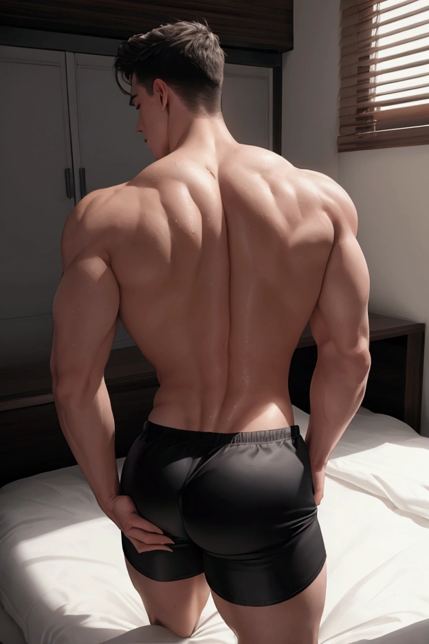 Full body photograph of Chinese male youth, relax and sleeping on bed, relax poses, close eyes, White sexy，Raised sexy，Muscular body，A detailed description of the document，Knock on the buttocks，Overhead view of a man in bed lying on his stomach, Lie down in huge bed，blue bed sheets, grey wallpaper, The whole body，bubble butt, tight ass, back view, naked, you can see his beautiful big round butt, young, slim athletic body, wearing nothing, completely naked, athletic physique, slender, no body hair, Realistic, fully naked, nude, perfect , male , red roses bouquet, rose, 