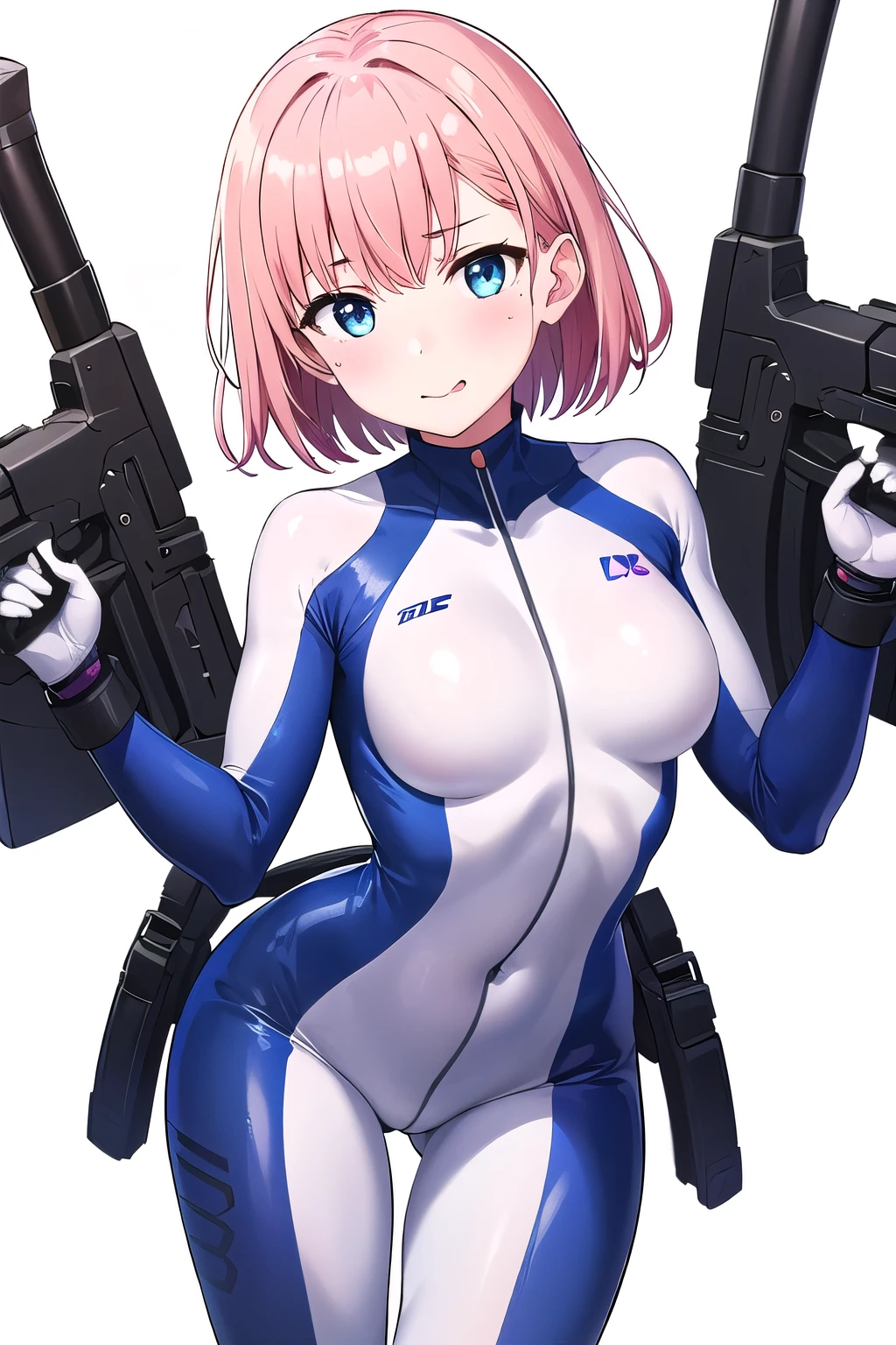 1 girl,boyish, very short hair, pink Hair, medium Breasts, glossy tight zero suit , glossy rubber suit,Cowboy Shot,blush,sexy face,blue eyes,front leg pose,Tight fit,clearly,Striped pattern, (white background:1.3), aroused face