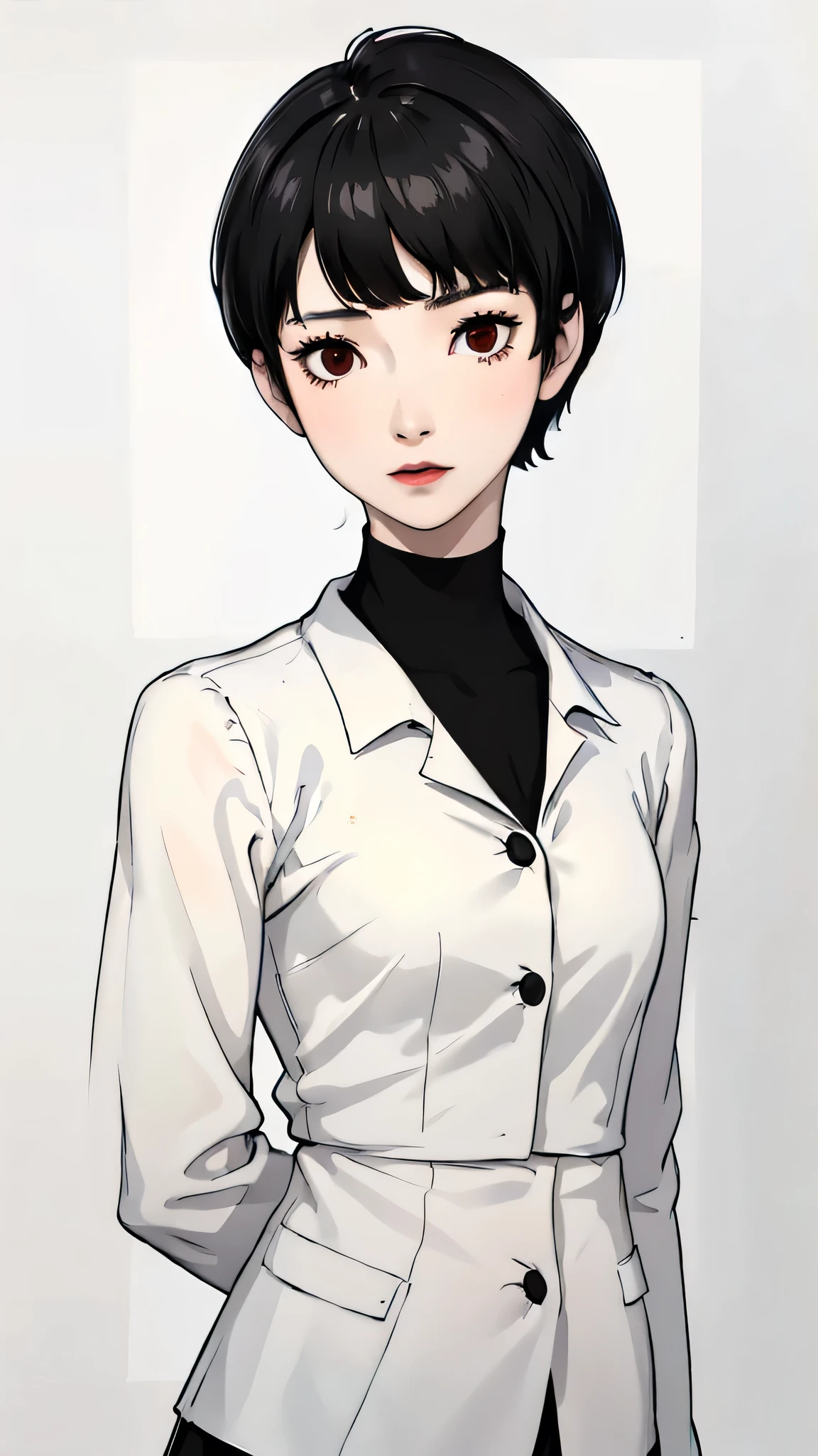 1 girl, very Short hair, tomboy Pixie haircut, bangs,black hair, red eyes, black lipstick, black choker, face portrait, schooluniform , front face, white background, front face, face portrait, front face portrait, front face helper, belly