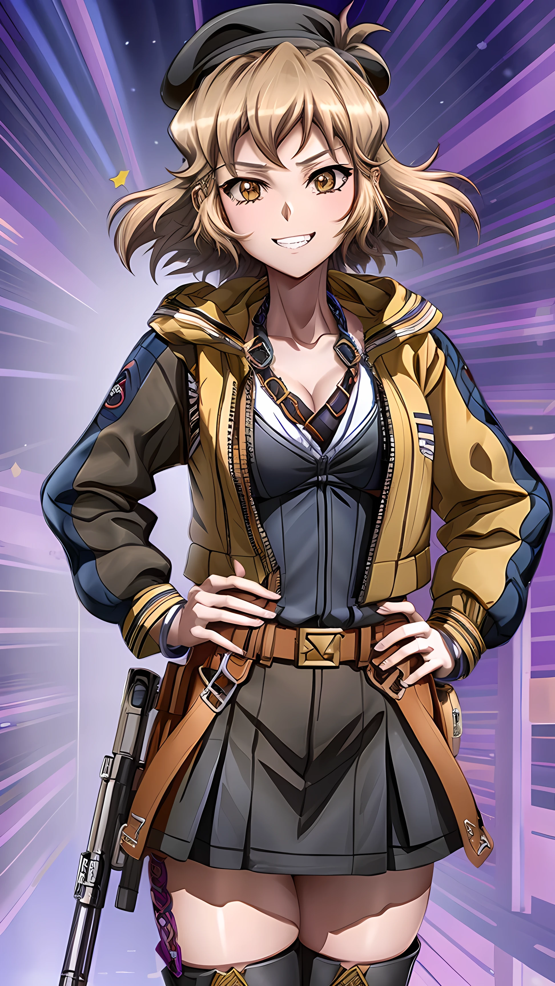 Long Hair, Orange Hair, Grey Eyes, Hands on hips, Gold earrings, Large Breasts, jewelry, Heart-shaped, military cap, beret, (uniform), (epaulet), Jacket, Harness, Thigh straps, Black thigh-high boots, skirt, (pencil skirt), miniskirt, corruption, Hollow Eyes, Half-closed eyes, Wicked Smile, No students, Open your mouth, Grin, Cowboy Shot