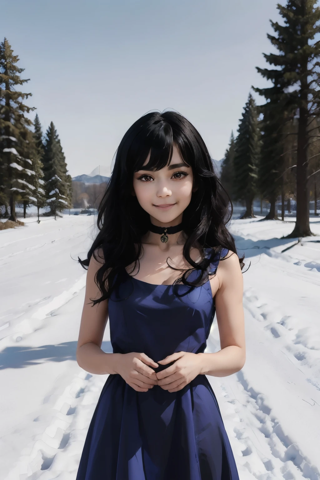 Miyumrkw, red eyes, long black hair, choker, hands around her arms, legs cross, sky blue gown, looking at viewer, smiling, close up portrait, outside, park, trees, winter, snow, blue sky, high quality, masterpiece, 