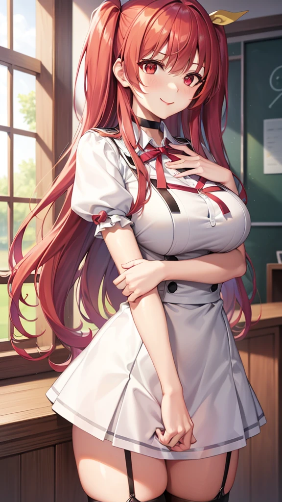 stella vermillion, stella vermillion, hair between eye, Hair intake, Hair Ribbon, Long hair, (Red Eyes:1.5), Red hair, two side up, Yellow Ribbon,Blake Black Choker, Choker, emblem, garter strap, Neck ribbon, Plaid, Puffy Short Sleeves, Puffy sleeves, Purple Ribbon, Red hair, bow ribbon, School uniform, Shirt, Short sleeves, Skirt, thighs thighs thighs thighs, White shirt, White skirt,BREAK looking at viewer,
Break indoors, ‎Classroom,Break (masutepiece:1.2), Best Quality, High resolution, Unity 8k Wallpaper, (Illustration:0.8), (Beautiful detailed eyes:1.6), extra detailed face, Perfect Lighting, extremely details CG, (Perfect hands, Perfect Anatomy),Naughty big、a smile