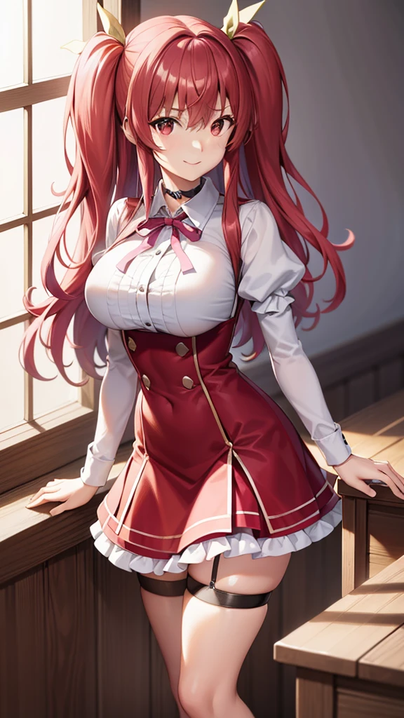 stella vermillion, stella vermillion, hair between eye, Hair intake, Hair Ribbon, Long hair, (Red Eyes:1.5), Red hair, two side up, Yellow Ribbon,Blake Black Choker, Choker, emblem, garter strap, Neck ribbon, Plaid, Puffy Short Sleeves, Puffy sleeves, Purple Ribbon, Red hair, bow ribbon, School uniform, Shirt, Short sleeves, Skirt, thighs thighs thighs thighs, White shirt, White skirt,BREAK looking at viewer,
Break indoors, ‎Classroom,Break (masutepiece:1.2), Best Quality, High resolution, Unity 8k Wallpaper, (Illustration:0.8), (Beautiful detailed eyes:1.6), extra detailed face, Perfect Lighting, extremely details CG, (Perfect hands, Perfect Anatomy),Naughty big、a smile