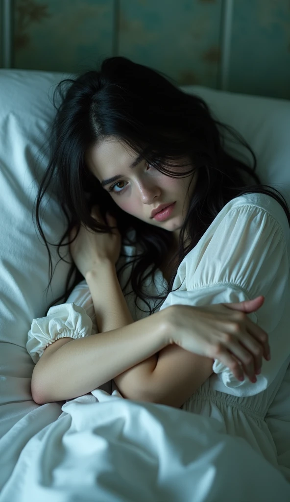 (best quality, high resolution), (actual:1.37), [Hospital], (1 person:1.3), [20s], blue eyes, messy black hair, [Casual pajamas], eyes wide open, anger, unwilling, [soft pillow], [medical equipment], [The room is dimly lit], sleepy, Deluxe ward, Second cold, The gleaming dagger pressed against his neck., 4k