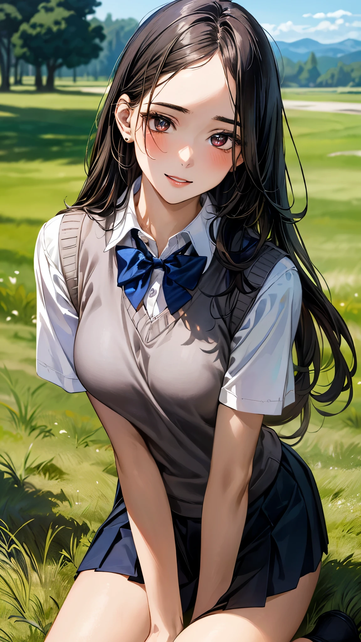 (masterpiece:1.3, top-quality), ultra high res, ultra detailed, (realistic, photorealistic:1.4), beautiful illustration, perfect lighting, colorful, depth of fields,
looking at viewer, (face focus, upper body), 1 girl, solo, hight school girl, gravure model, (large breasts:0.8, large ass, seductive thighs, skindentation),
(long hair:1.2, straight hair:1.2, (saddle-brown colored) hair), swept bangs, (brown) eyes, drooping eyes, big eyes, shiny skin, slender,
beautiful hair, beautiful face, extremely detailed face, beautiful detailed eyes, beautiful clavicle, beautiful body, beautiful chest, beautiful thigh, beautiful legs, beautiful fingers,
(detailed cloth texture, (navy knit vest), grey plaid tie, collared long sleeve white shirt, grey plaid pleated skirt), black socks, white panties,
(beautiful scenery), In the grass of a meadow, a girl is on all fours, and a big pig is hugging her back from behind.
Her face is bright red and flushed, and she looks like she is about to cry.
She is wearing a very short skirt.