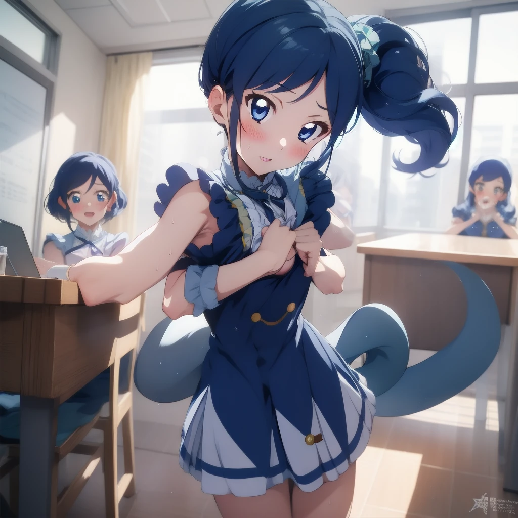 Raise your arms, Breasts pressed together, v Arms, View your viewers, Embarrassing, blush,  standing, sweat, maid dress, breast out, nipple out, shame, embarassing, orgasm, small breasts, aoi kiriya, (((side tail))), aoi aikatsu,   venue, conference room