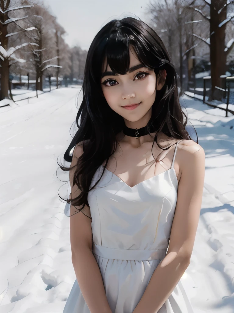 Miyumrkw, red eyes, long black hair, choker, hands around her arms, legs cross, white gown, looking at viewer, smiling, close up portrait, outside, park, trees, winter, snow, blue sky, high quality, masterpiece, 