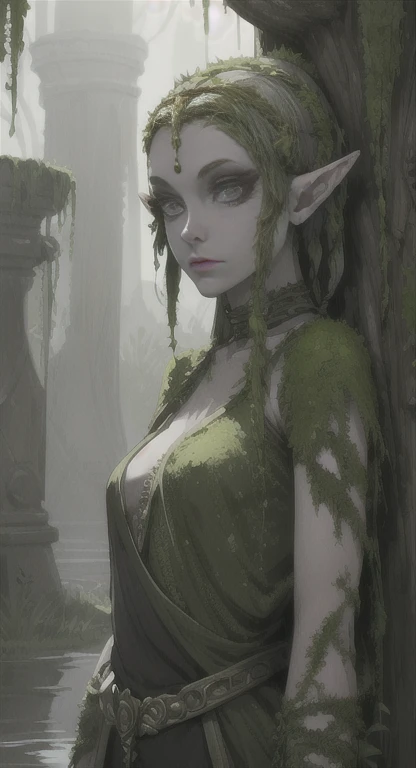 Overgrown swamp life, swamp, petrified princess Zelda, stone statue, cracked skin, grey skin, grey hair, grey eyes, covered in moss,