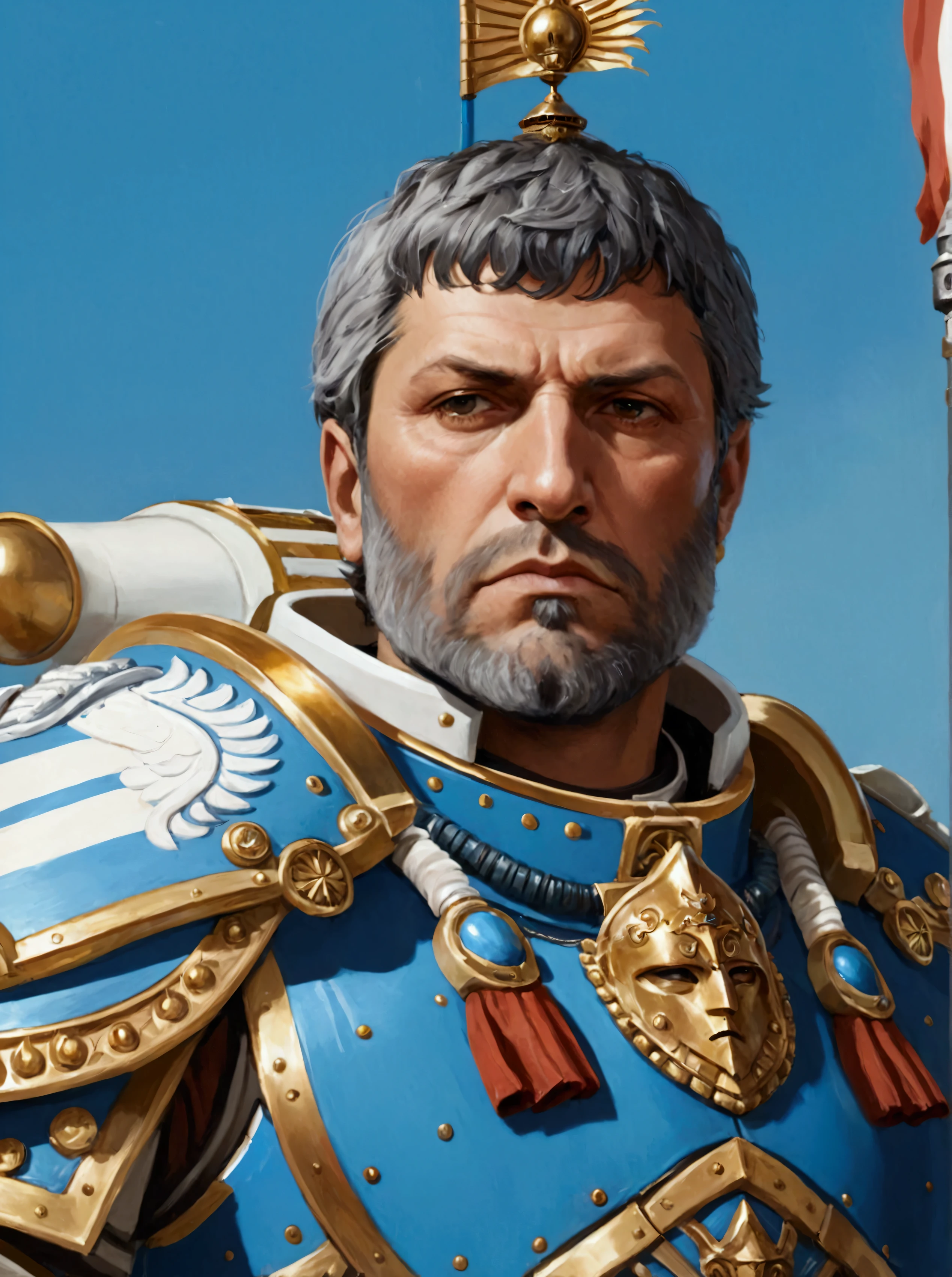 stoic face portrait of javier milei as warhamer emperor with light blue and white armor, warhamer style, argentine flag, imperial