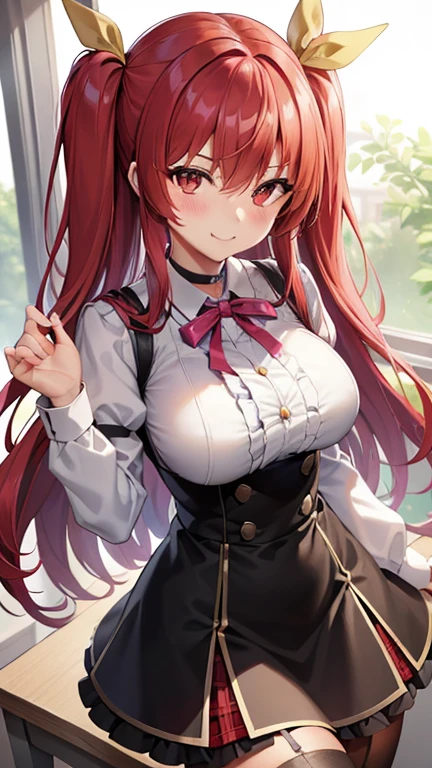 stella vermillion, stella vermillion, hair between eye, Hair intake, Hair Ribbon, Long hair, (Red Eyes:1.5), Red hair, two side up, Yellow Ribbon,Blake Black Choker, Choker, emblem, garter strap, Neck ribbon, Plaid, Puffy Short Sleeves, Puffy sleeves, Purple Ribbon, Red hair, bow ribbon, School uniform, Shirt, Short sleeves, Skirt, thighs thighs thighs thighs, White shirt, White skirt,BREAK looking at viewer,
Break indoors, ‎Classroom,Break (masutepiece:1.2), Best Quality, High resolution, Unity 8k Wallpaper, (Illustration:0.8), (Beautiful detailed eyes:1.6), extra detailed face, Perfect Lighting, extremely details CG, (Perfect hands, Perfect Anatomy),Naughty big、a smile