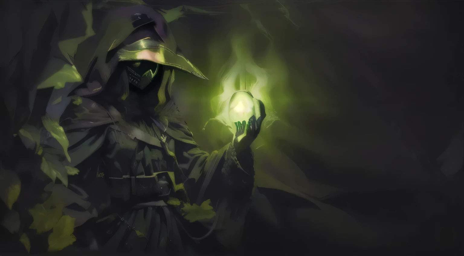 hooded figure, hidden facial expression, medieval plague doctor mask, long dark cloak, mitts, belt with bags, dark and mysterious atmosphere, holding a glowing green orb, strange green light, eyeshadows, dramatic lighting, lateral view, looking at the orb, hinterland, magie, Fantasy setting, dark background with fog.