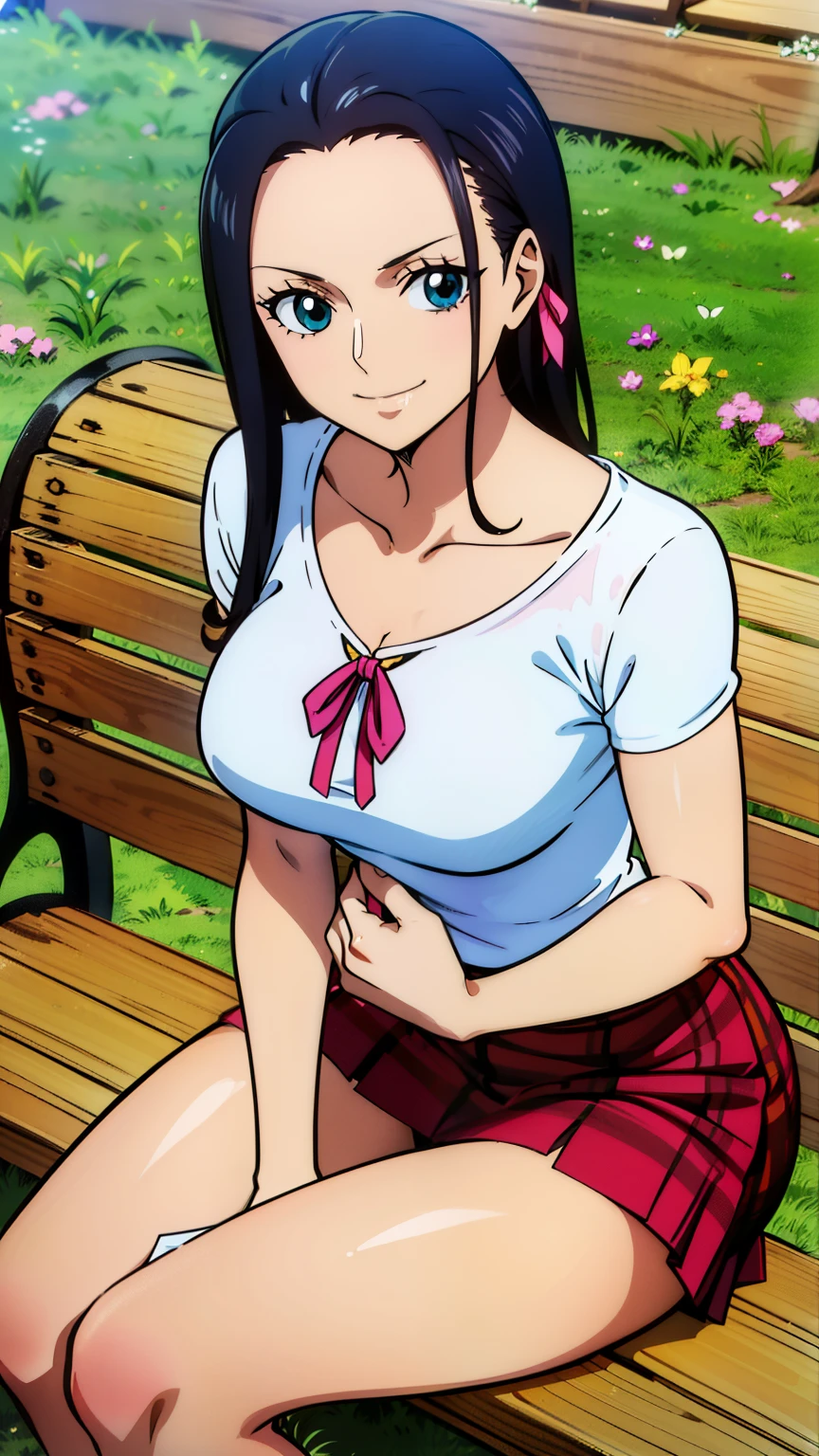 (masterpiece, best quality, high resolution, 8K:1.2), anime coloring, detailed, from one piece, one piece style, Nico Robin, woman with long black hair, big medium breasts, happy expression and laughing, soft look, beautiful Face, perfect hands, sexy, (collarbone, neck ribbon, calm, white shirt, short sleeves, plaid skirt, smile, park, bench, sitting), cowboy shot, dutch angle, looking at viewer,