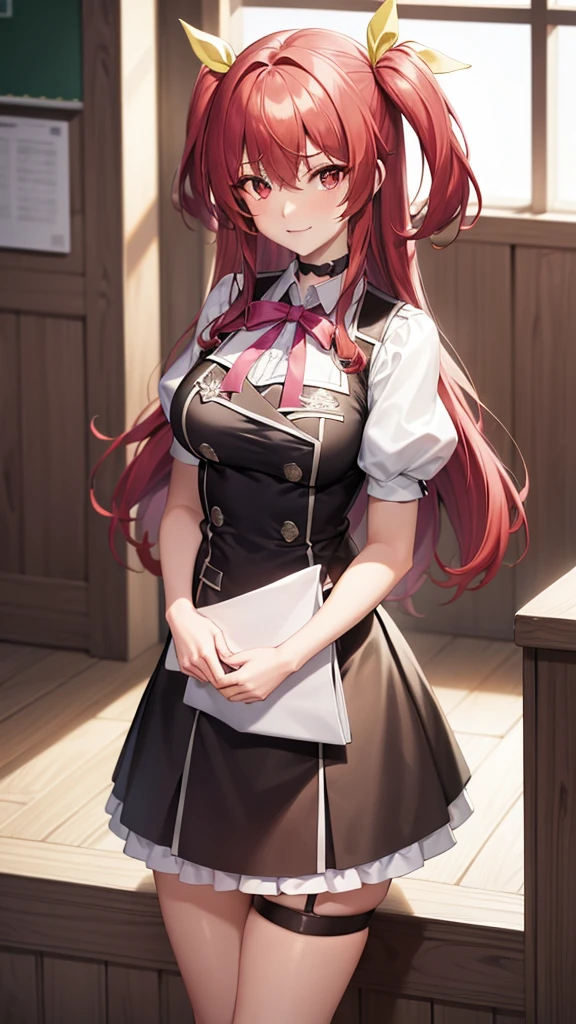 stella vermillion, stella vermillion, hair between eye, Hair intake, Hair Ribbon, Long hair, (Red Eyes:1.5), Red hair, two side up, Yellow Ribbon,Blake Black Choker, Choker, emblem, garter strap, Neck ribbon, Plaid, Puffy Short Sleeves, Puffy sleeves, Purple Ribbon, Red hair, bow ribbon, School uniform, Shirt, Short sleeves, Skirt, thighs thighs thighs thighs, White shirt, White skirt,BREAK looking at viewer,
Break indoors, ‎Classroom,Break (masutepiece:1.2), Best Quality, High resolution, Unity 8k Wallpaper, (Illustration:0.8), (Beautiful detailed eyes:1.6), extra detailed face, Perfect Lighting, extremely details CG, (Perfect hands, Perfect Anatomy),Naughty big、a smile