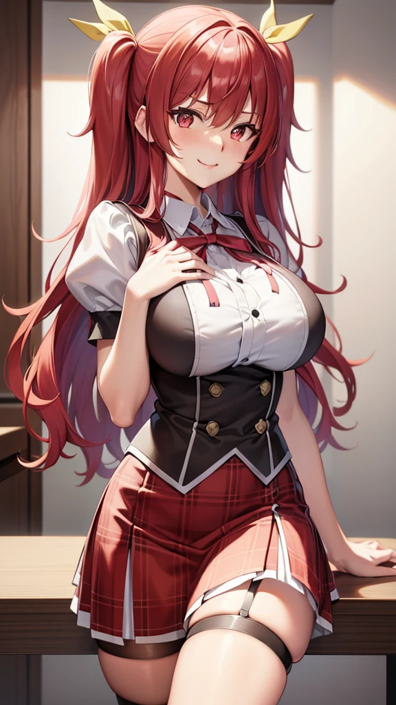 stella vermillion, stella vermillion, hair between eye, Hair intake, Hair Ribbon, Long hair, (Red Eyes:1.5), Red hair, two side up, Yellow Ribbon,Blake Black Choker, Choker, emblem, garter strap, Neck ribbon, Plaid, Puffy Short Sleeves, Puffy sleeves, Purple Ribbon, Red hair, bow ribbon, School uniform, Shirt, Short sleeves, Skirt, thighs thighs thighs thighs, White shirt, White skirt,BREAK looking at viewer,
Break indoors, ‎Classroom,Break (masutepiece:1.2), Best Quality, High resolution, Unity 8k Wallpaper, (Illustration:0.8), (Beautiful detailed eyes:1.6), extra detailed face, Perfect Lighting, extremely details CG, (Perfect hands, Perfect Anatomy),Naughty big、a smile